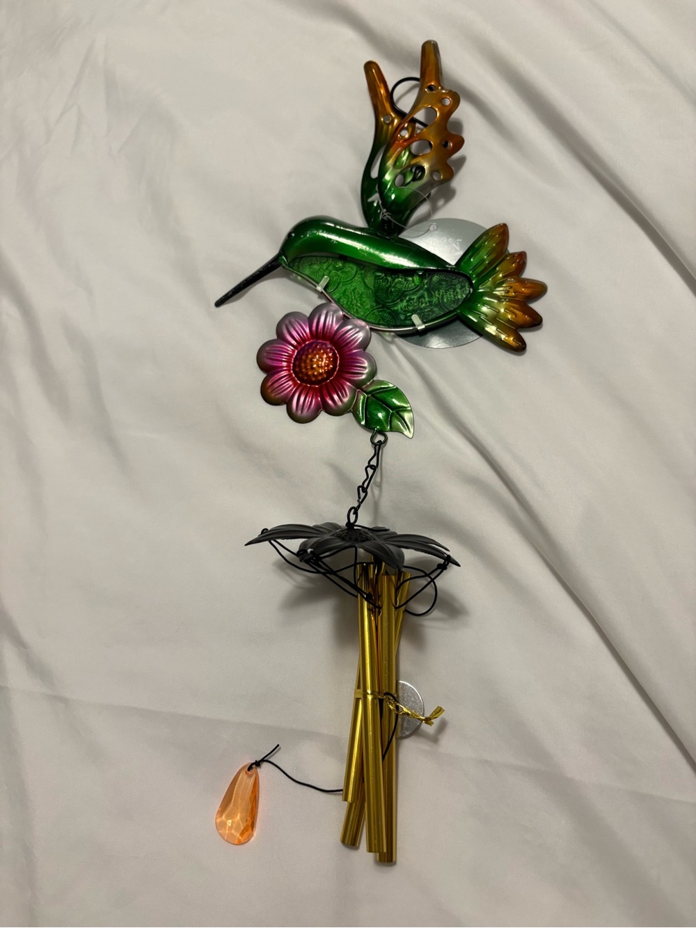 Wind chime Green & Orange Hummingbird Garden Ornament with Pink Flower